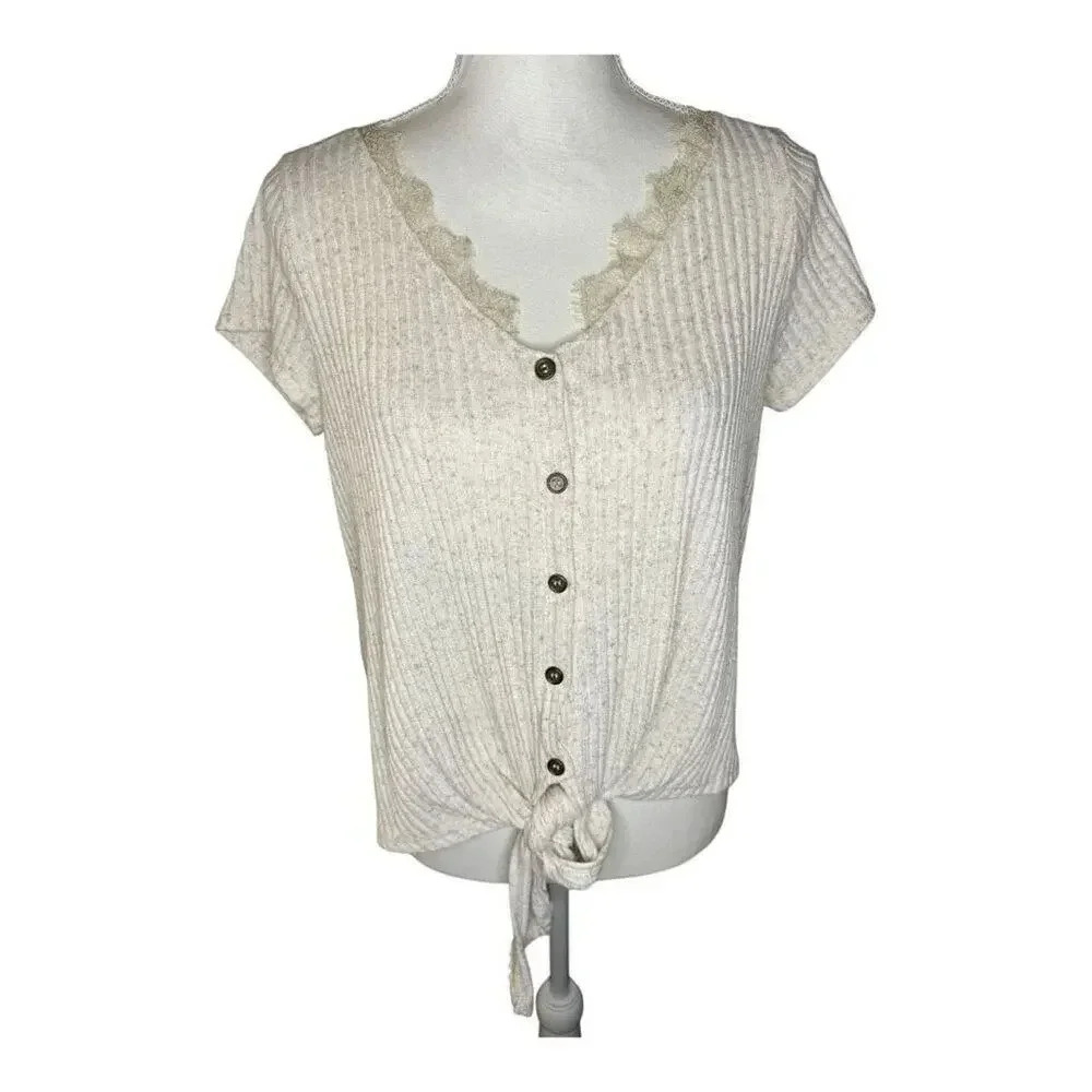 Alya Women’s Large Cream Tie Front Button Front Lace V-Neck Ribbed Knit Top